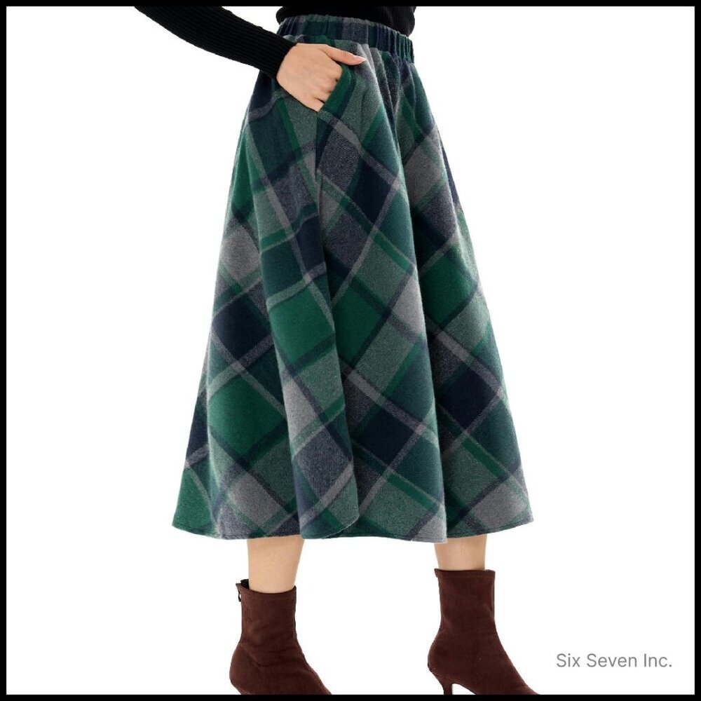 Long Wool Plaid Skirt High Waisted A-Line Pleated with Pockets Chic Classic